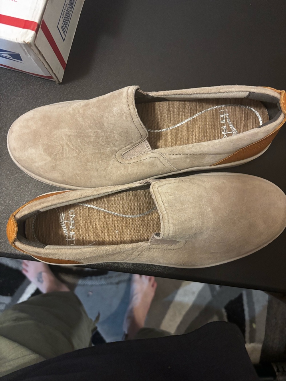 Dansko Beige Suede Slip-On Loafers with Tan Heel Tab - Picture 1 of 4